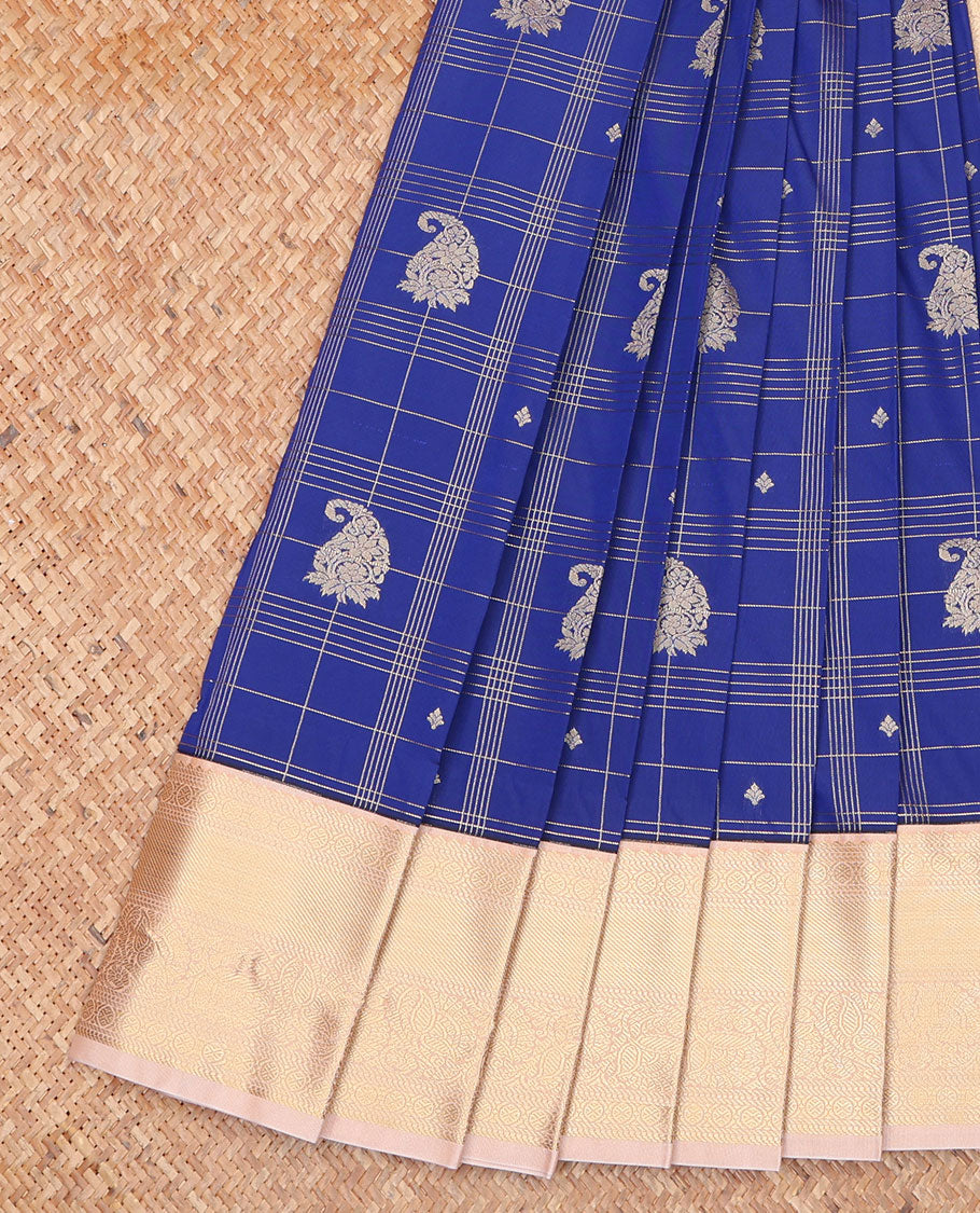 Blue Budget Silk Saree, Elevated with Zari Buttas Enclosed Checked Designs On Its Body, Complemented by Captivating Contrast Border of Traditional Zari Designs, Grand Pallu and Paired with a Contrast Blouse