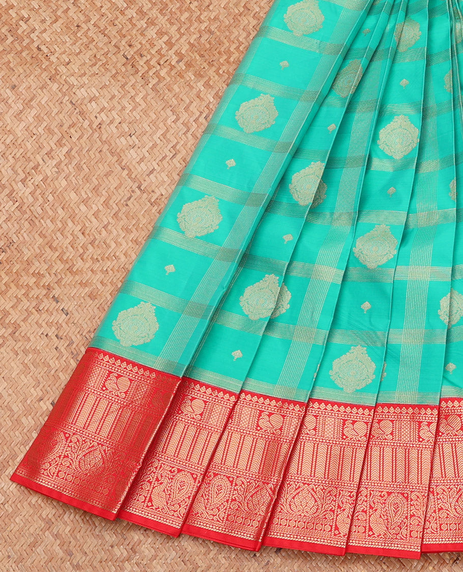 Blue Budget Silk Saree, Elegantly Highlighted with Buttas Enclosed Checks, Complemented by a Contrast Traditional Zari Border, Grand Pallu, and a Contrast Blouse