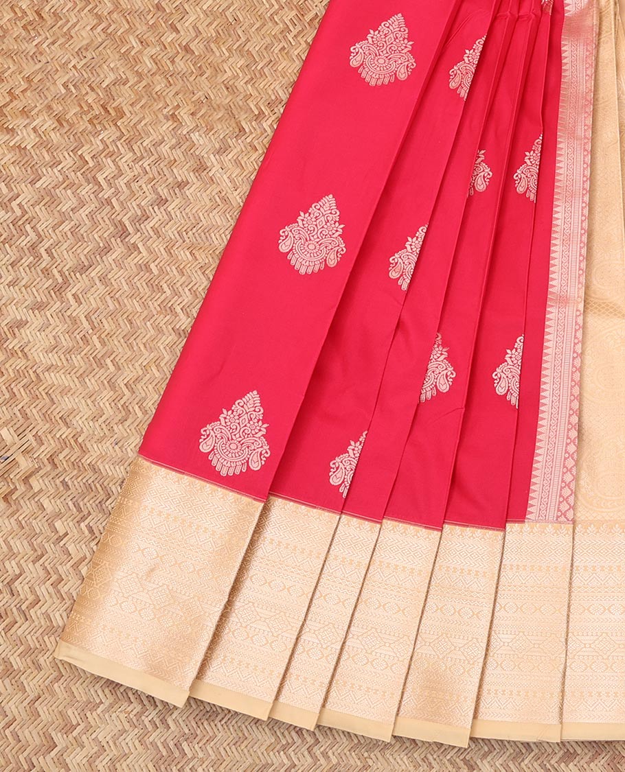 Red Budget Silk Saree, Bedecked with Zari Buttas and Stripes, Complemented by Contrast Traditional Zari Border, a Sparsely Woven Pallu and a Contrast Blouse