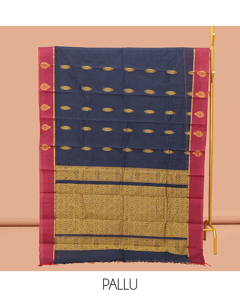 Blue Kanchi Cotton Saree, Woven with Buttas, Complemented by a Contrast Border, Intricate Pallu, and a Matching Blouse