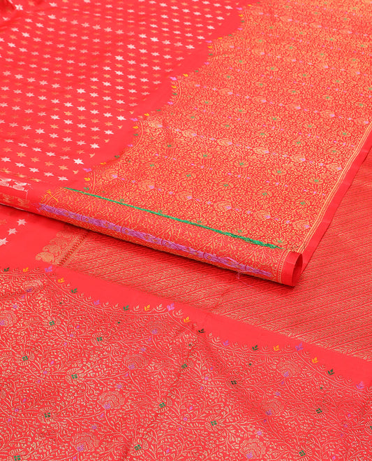 Red star motifs Kanchipuram silksaree, meenakari floral jaal design, zari border & diagonal leaf vine pallu