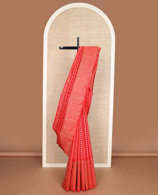 Red star motifs Kanchipuram silksaree, meenakari floral jaal design, zari border & diagonal leaf vine pallu