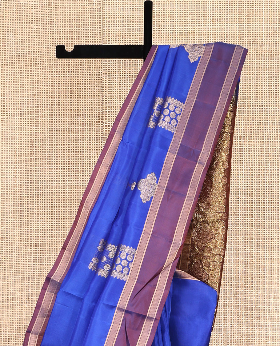 Blue Mayuri Lite Silk Mix Saree, Beautifully Bedecked with Zari Buttas All Over Its Body, Complemented by a Contrast Rettai Pettu Border, Pallu of Intricate Designs, and Paired with a Contrast Blouse