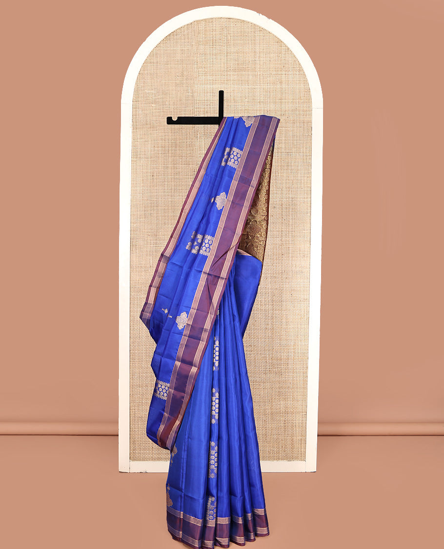 Blue Mayuri Lite Silk Mix Saree, Beautifully Bedecked with Zari Buttas All Over Its Body, Complemented by a Contrast Rettai Pettu Border, Pallu of Intricate Designs, and Paired with a Contrast Blouse
