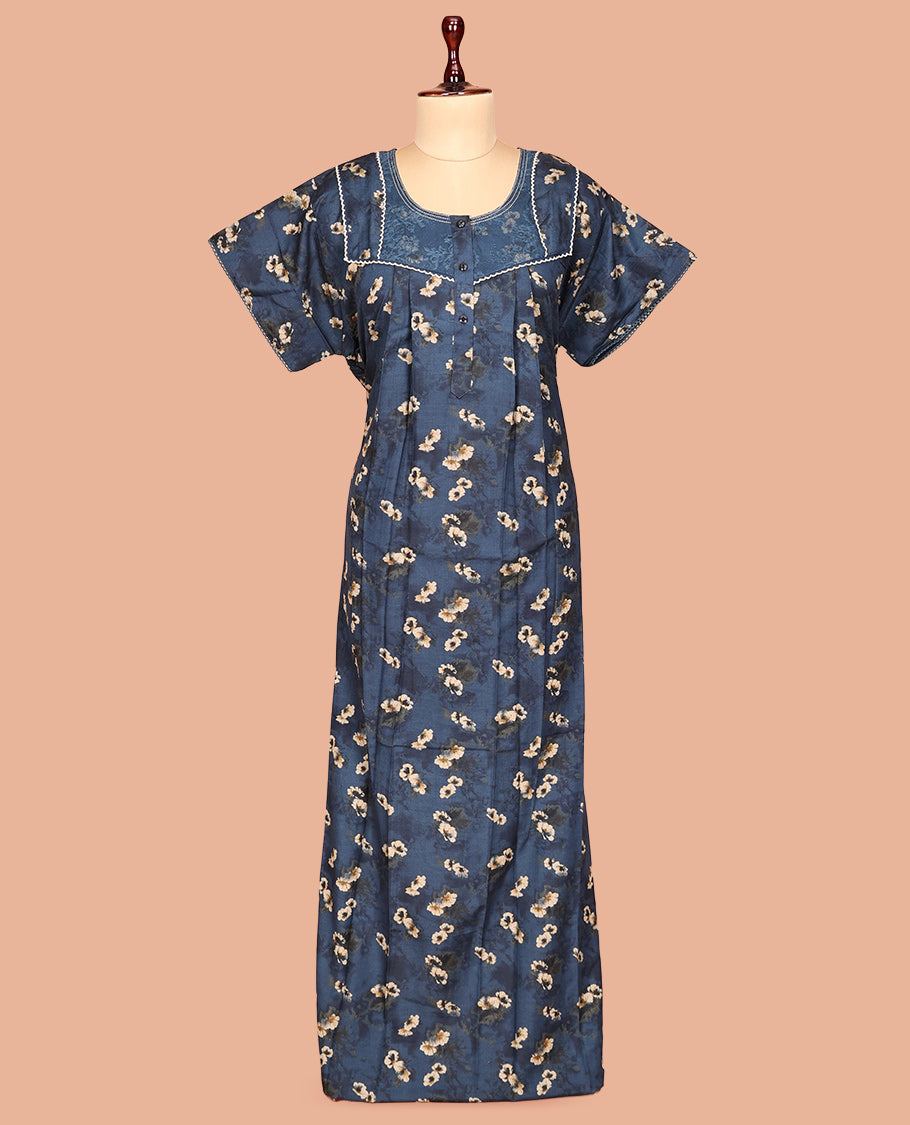 Blue Cotton-Blended Nighty