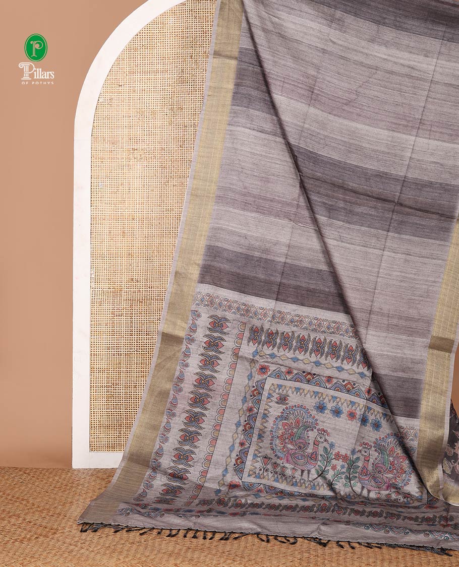Grey hand-brush-dye theme printed semi-tusser silksaree,bavanji zari border,Madhubani printed pallu & floral print blouse