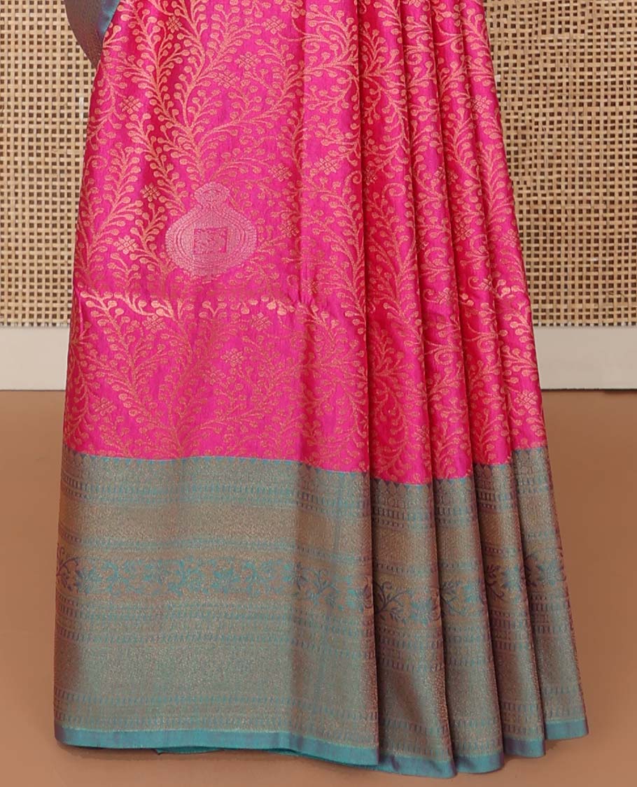Pink floral jacquard soft silk saree with contrast zari design border & floral design pallu