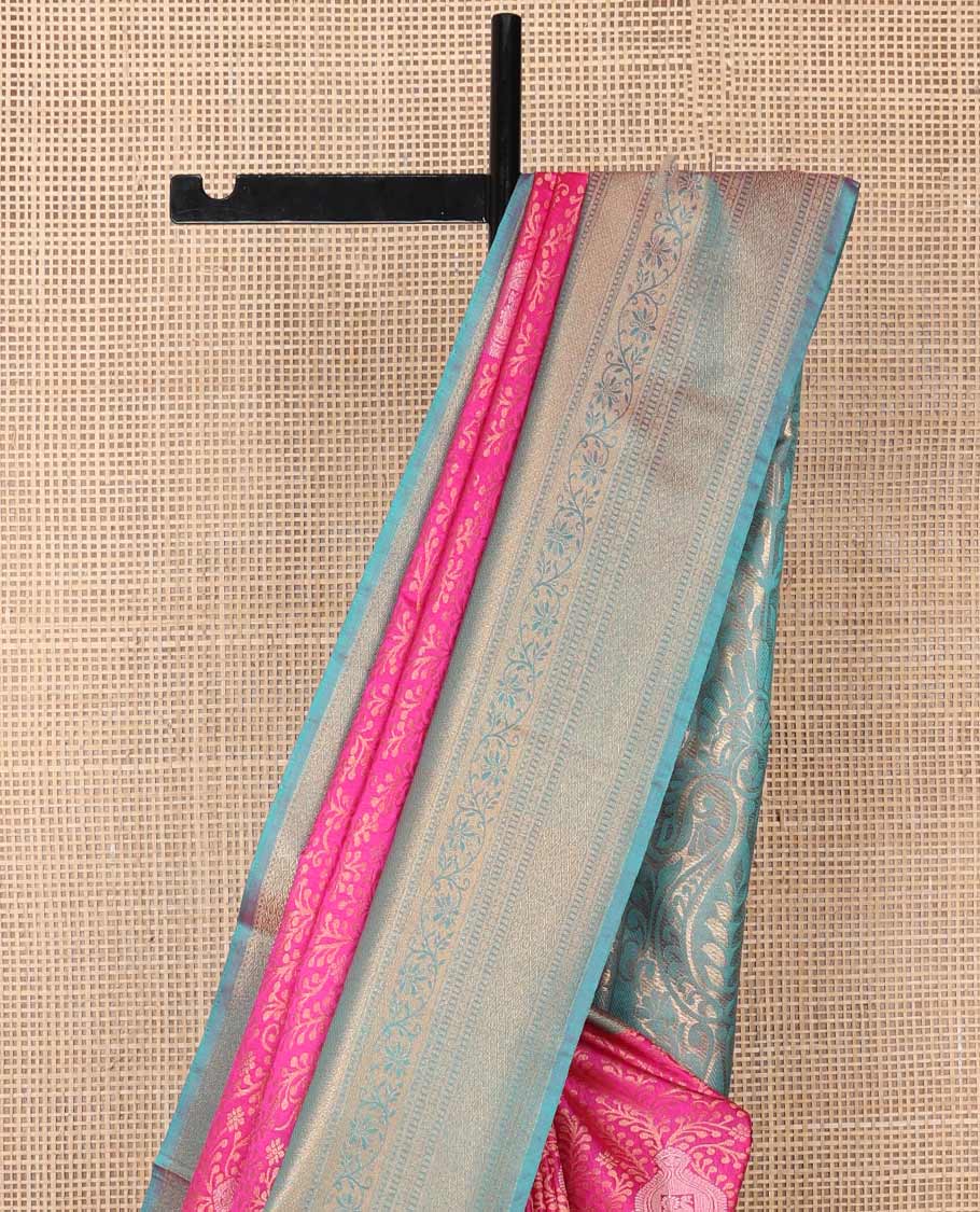 Pink floral jacquard soft silk saree with contrast zari design border & floral design pallu
