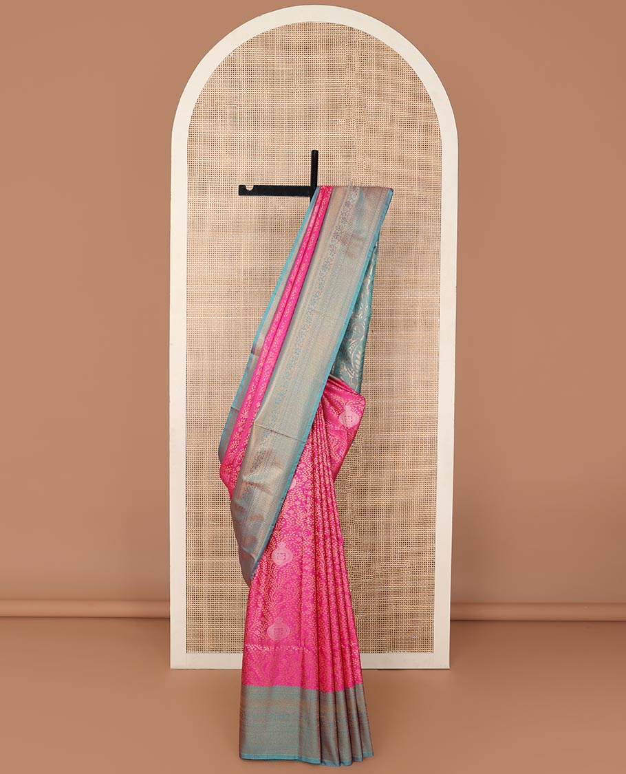 Pink floral jacquard soft silk saree with contrast zari design border & floral design pallu