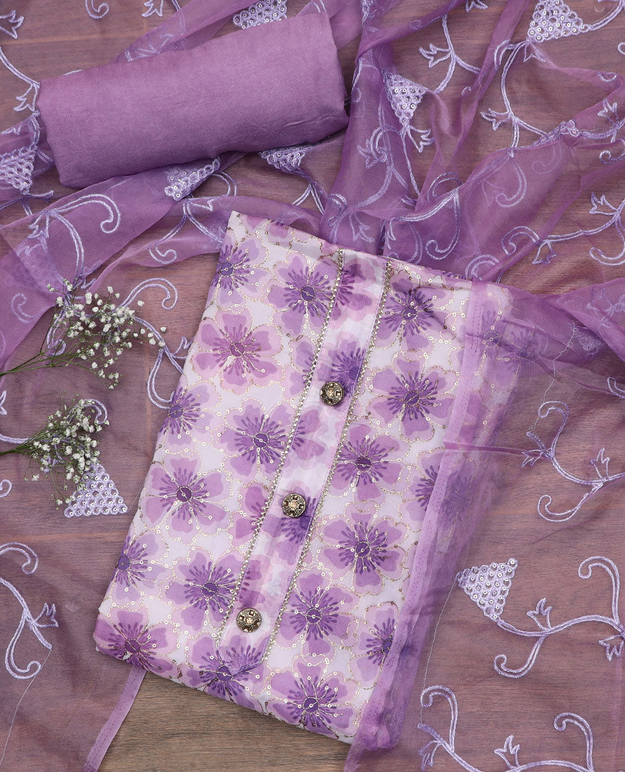 Purple material chudidar set, floral print with sequins embroidery top, plain bottom, and paisley vine sequins embroidered dupatta