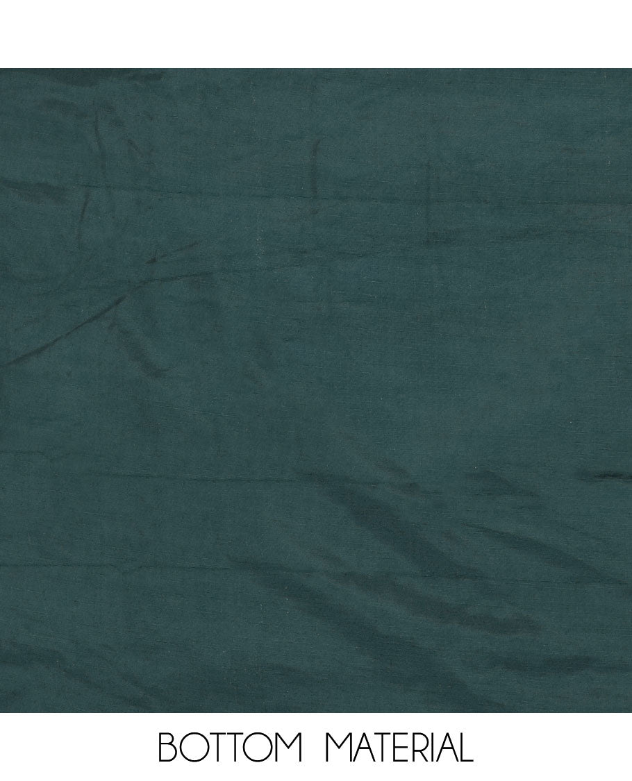 Deep forest green material chudidar set, abstract printed with mirror work top, plain bottom and abstract printed dupatta