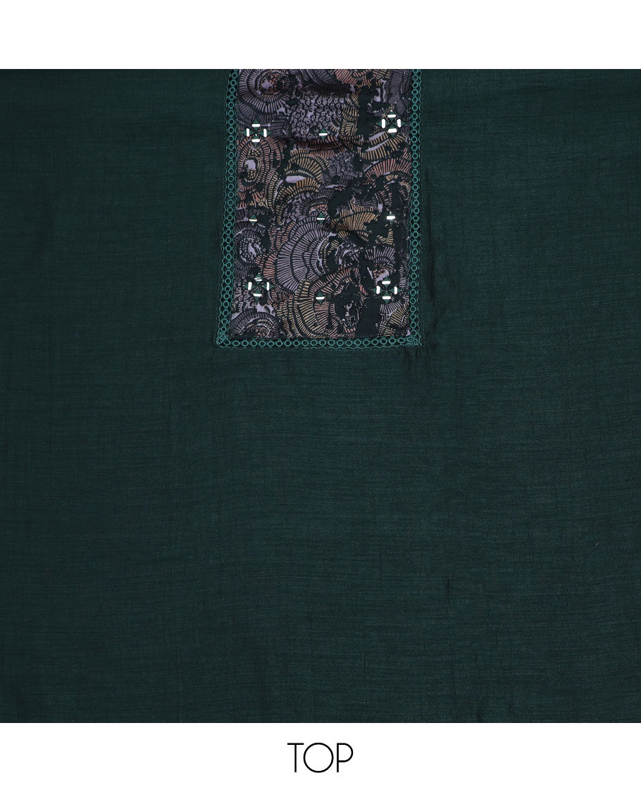 Deep forest green material chudidar set, abstract printed with mirror work top, plain bottom and abstract printed dupatta