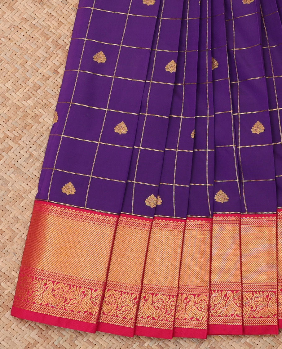 Violet Budget Silk Saree, Beautified with Zari Butta Enclosed Checks, a Contrast Traditional Zari Border, Grand Pallu, and a Contrast Blouse
