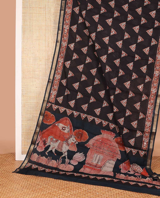 Brown triangle motifs printed mul mul cotton saree, contrast zari border, and pallu of hand brush print and kantha embroidery work
