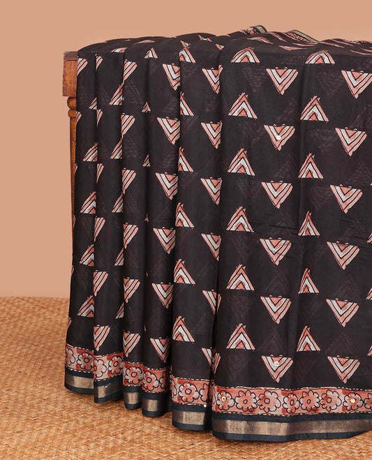Brown triangle motifs printed mul mul cotton saree, contrast zari border, and pallu of hand brush print and kantha embroidery work