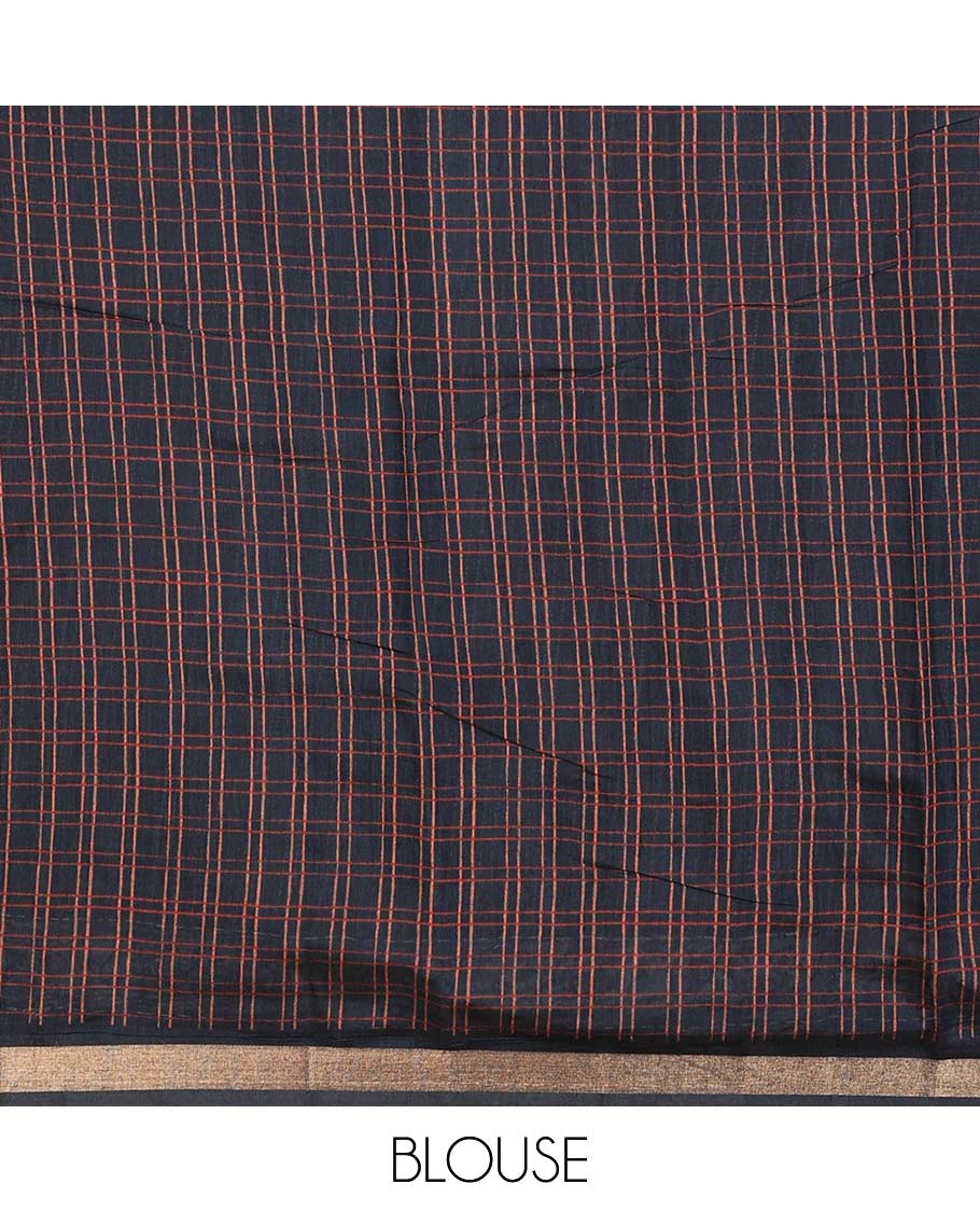 Brown triangle motifs printed mul mul cotton saree, contrast zari border, and pallu of hand brush print and kantha embroidery work