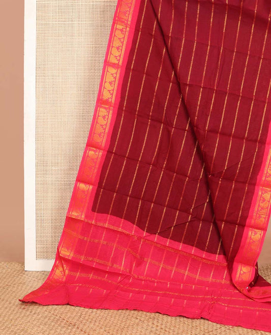 Crimson veldhari striped Sungudi cotton saree, contrast temple-manga zari border & zari striped pallu