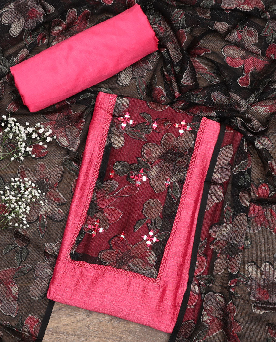 Pink material chudidar set, plain with patch embroidered work top, plain bottom, and floral printed dupatta