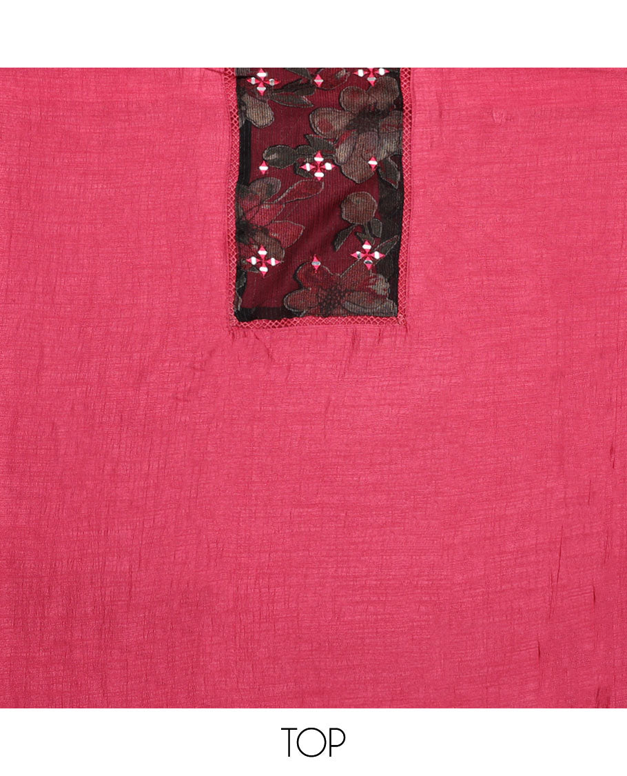 Pink material chudidar set, plain with patch embroidered work top, plain bottom, and floral printed dupatta