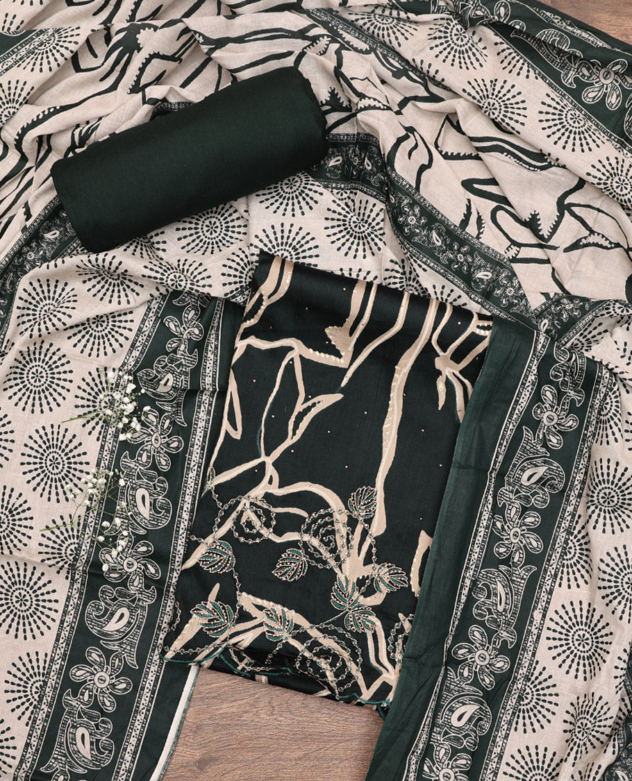 Green Material Chudidar Set, Beautifully Bedecked with Abstract Print and Floral Embroidered Cotton Top, a Plain Cotton Bottom, and Paired with Intricately Printed Cotton Dupatta