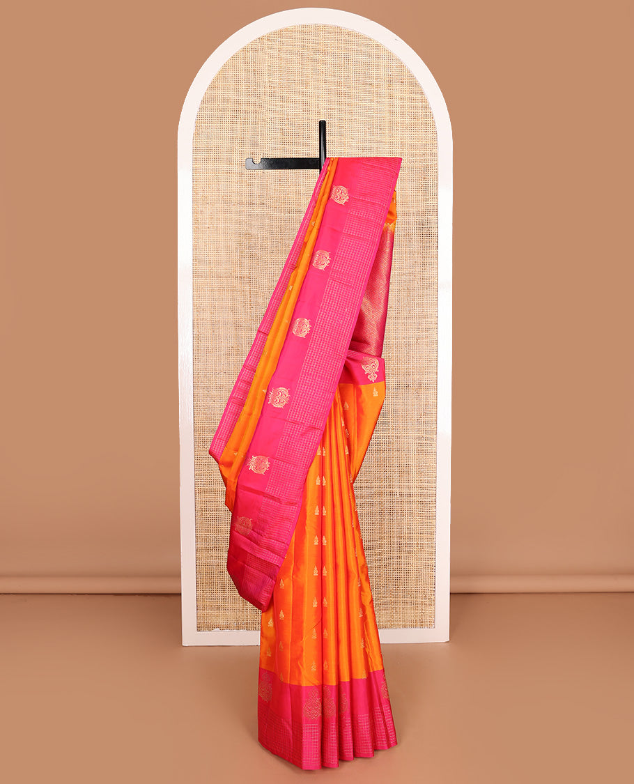 Orange zari buttas Vasundhara silk mix saree, contrast zari design border, and jaal pallu