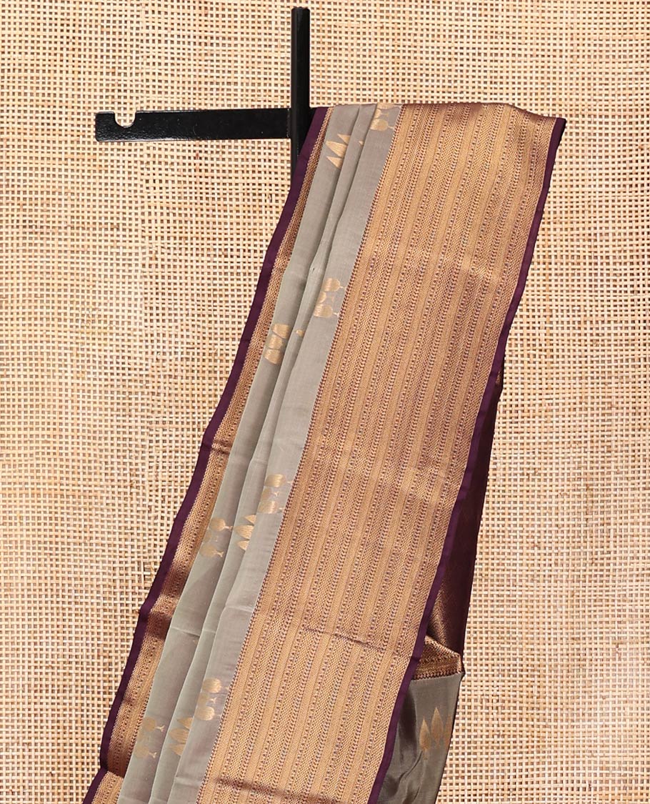 Grey Vasundhara Lite Silk Mix Saree, Featuring Zari Buttas All Over Its Body, Complemented by Contrast Border of Manga, Kathir, and Vanki Designs, Chevron Design Pallu, and Paired with a Contrast Blouse
