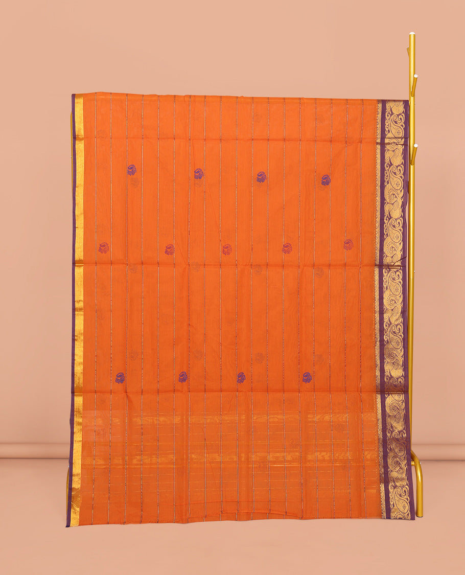 Orange Venkatagiri Cotton Saree Features Peacock Buttas and Stripes, a Contrast Traditional Zari Border, Pallu of Peacock Buttas and Stripes, and No Blouse