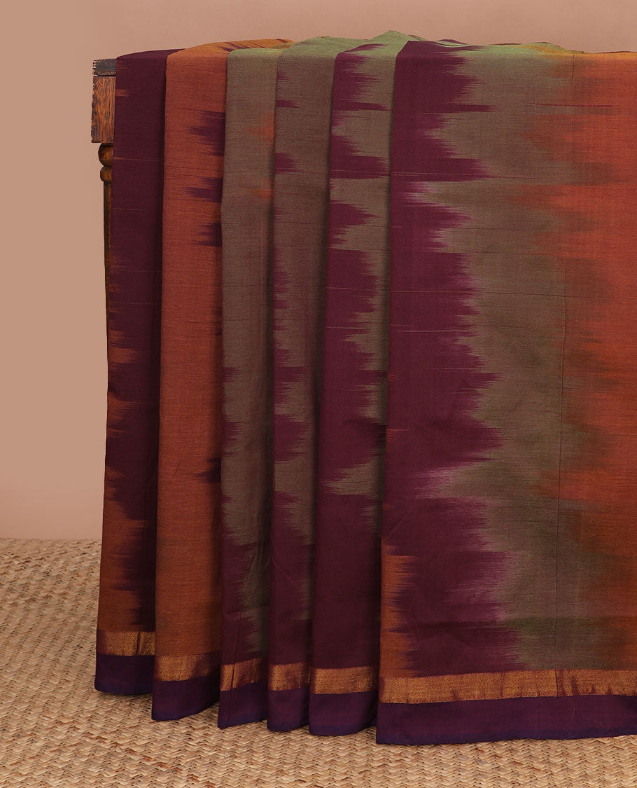 Multi-color ikkat design poly cotton saree, zari border & contrast yellow & pink striped pallu