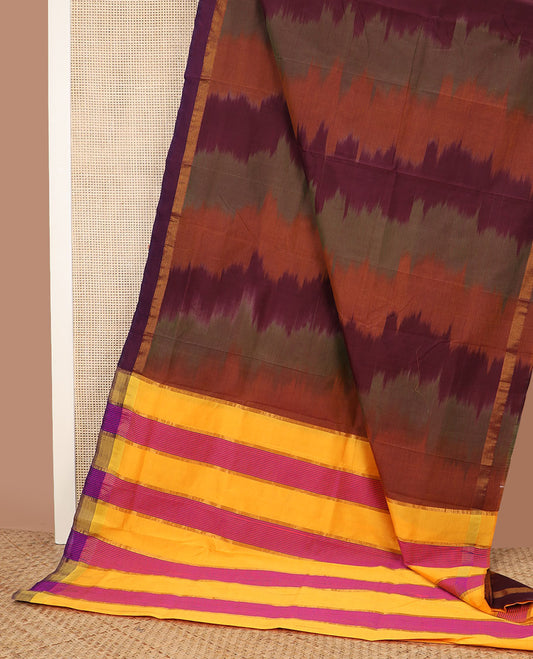 Multi-color ikkat design poly cotton saree, zari border & contrast yellow & pink striped pallu