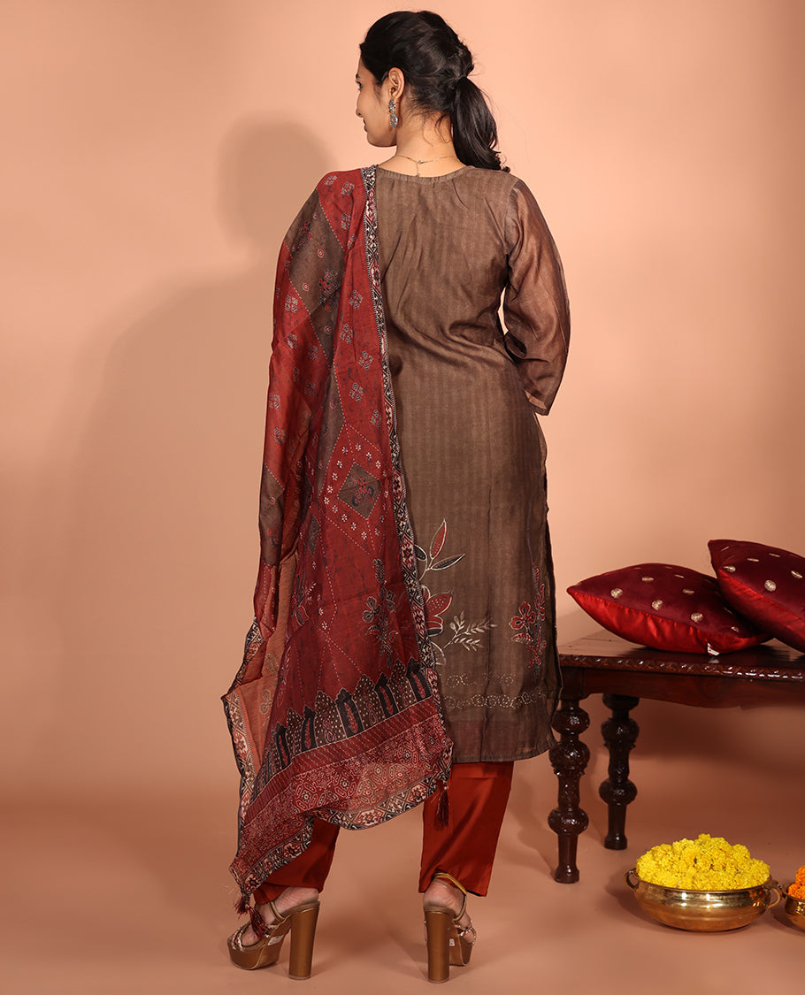 Brown Chanderi Silk Readymade Suit