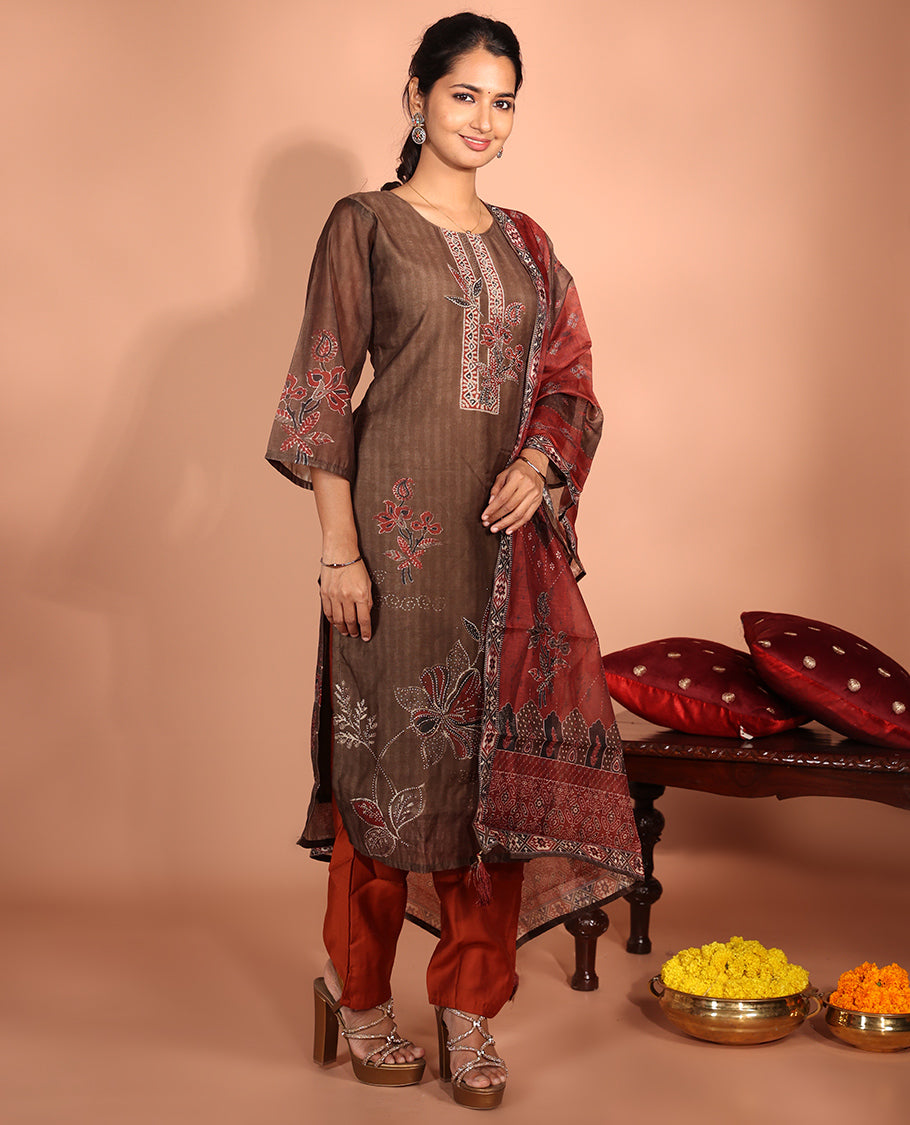 Brown Chanderi Silk Readymade Suit