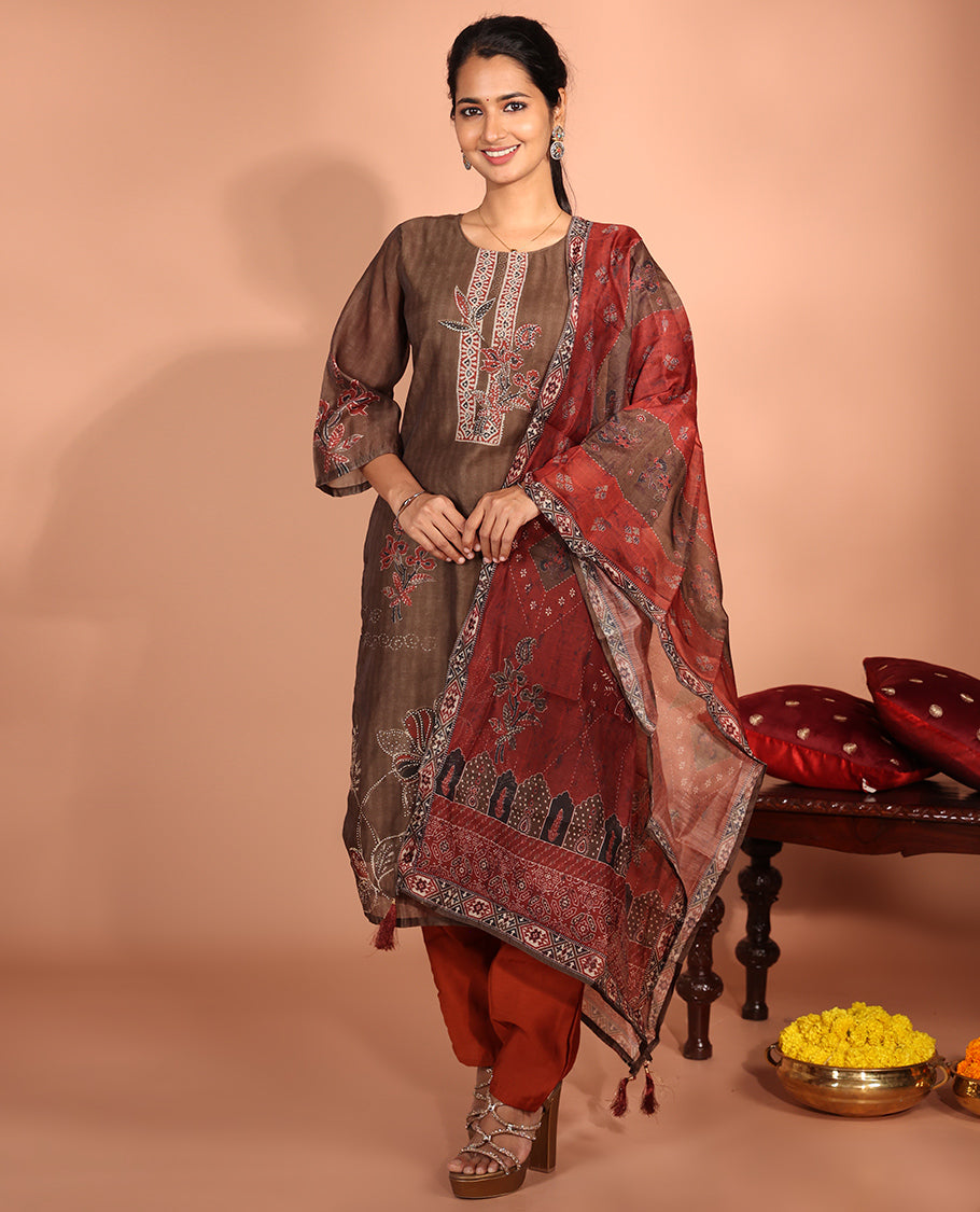Brown Chanderi Silk Readymade Suit
