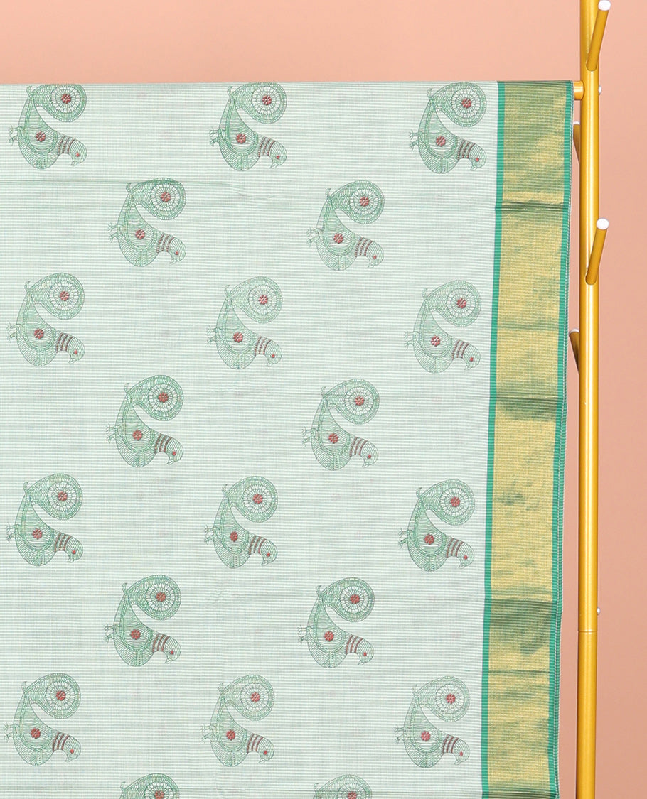 Green Andhra Cotton Saree, Detailed with Bird Motifs Print, a Contrast Zari Border, a Pallu of Bird-Print, and a Matching Blouse