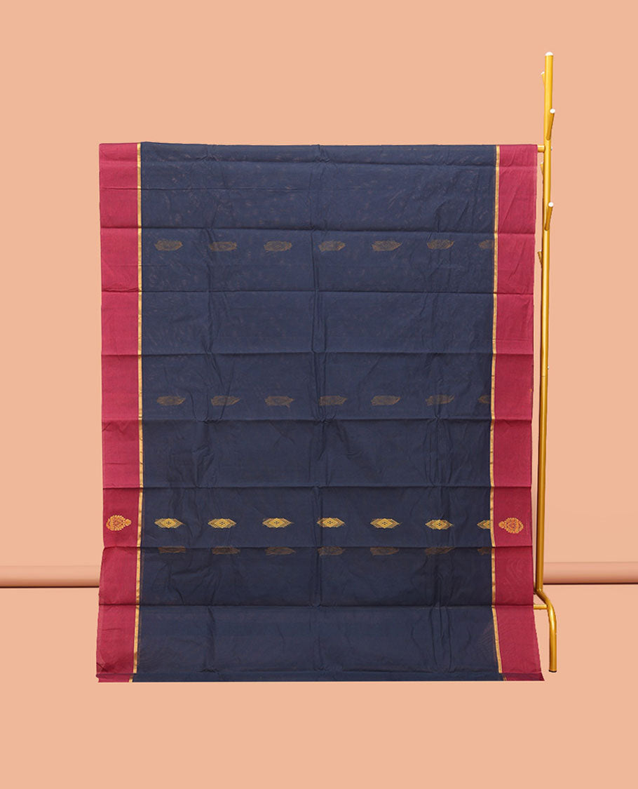 Blue Kanchi Cotton Saree, Woven with Buttas, Complemented by a Contrast Border, Intricate Pallu, and a Matching Blouse