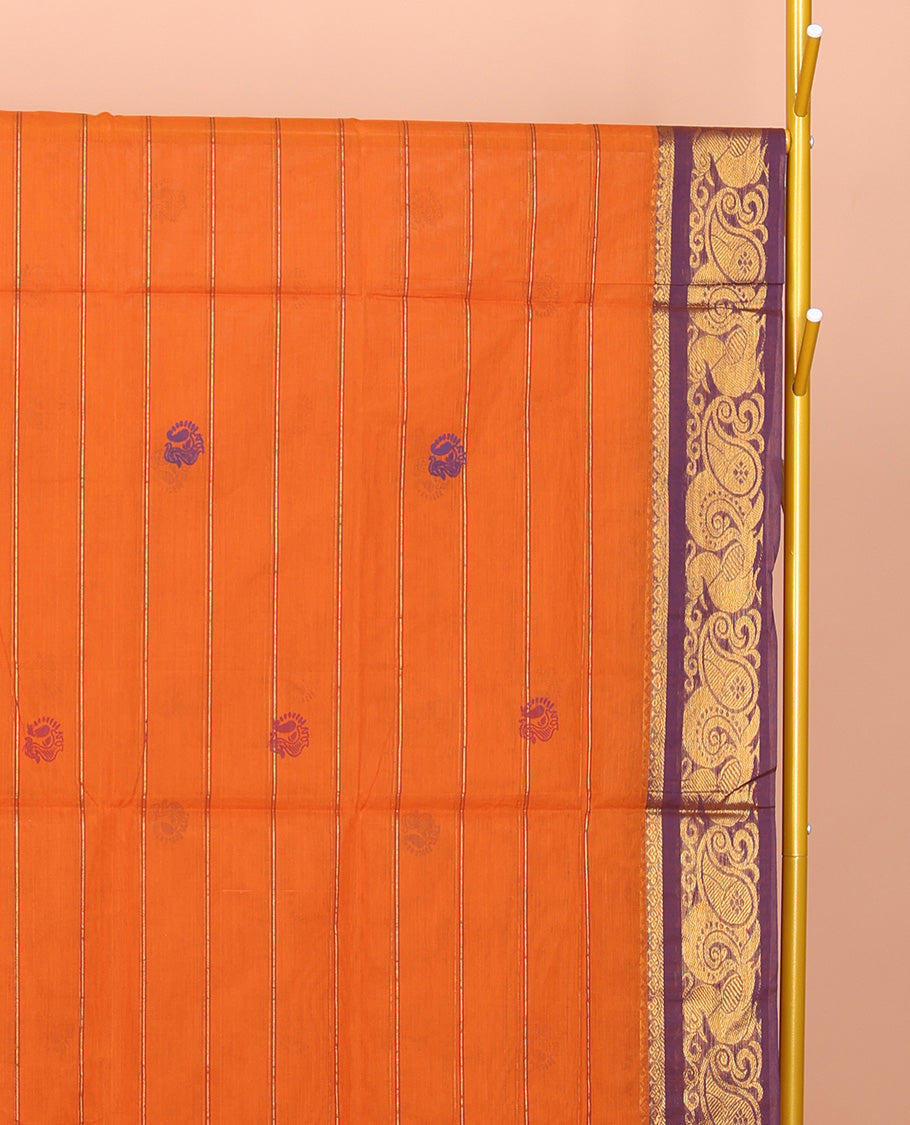 Orange Venkatagiri Cotton Saree Features Peacock Buttas and Stripes, a Contrast Traditional Zari Border, Pallu of Peacock Buttas and Stripes, and No Blouse