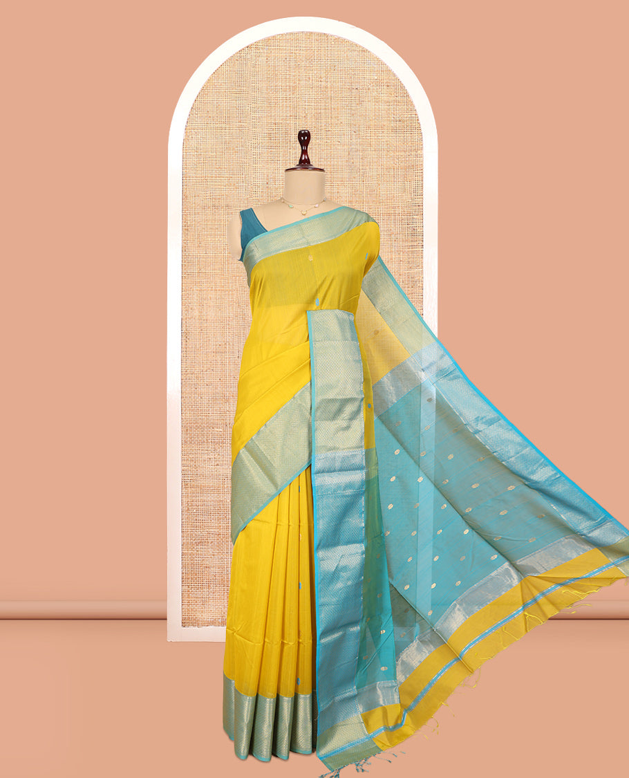 Yellow Maheshwari Cotton Saree, Woven with Zari Buttas, a Contrast Traditional Zari Border, Pallu of Zari Buttas, and a Contrast Blouse