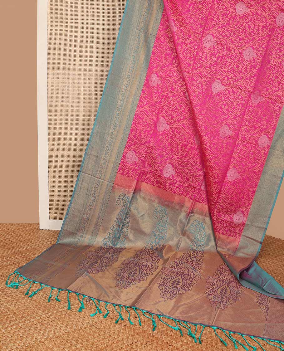 Pink floral jacquard soft silk saree with contrast zari design border & floral design pallu