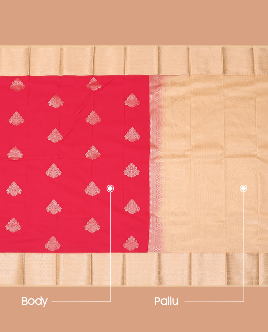 Red Budget Silk Saree, Bedecked with Zari Buttas and Stripes, Complemented by Contrast Traditional Zari Border, a Sparsely Woven Pallu and a Contrast Blouse