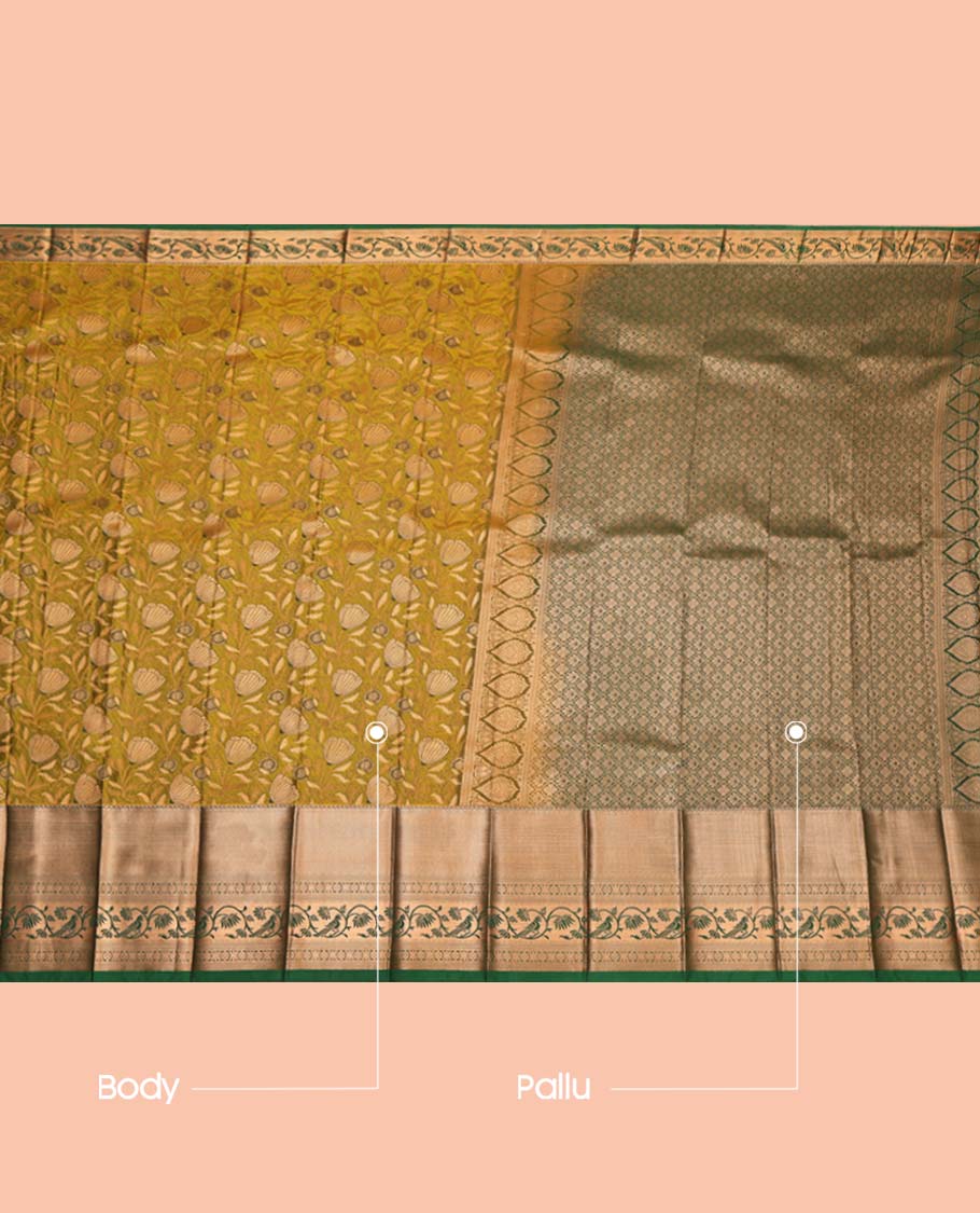 Green Budget Silk Saree, Embellished with Jacquard Design, Complemented by a Contrast Traditional Zari Border, Grand Jaal Pallu, and a Contrast Blouse
