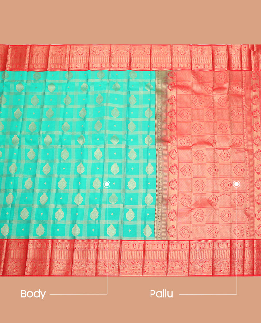 Blue Budget Silk Saree, Elegantly Highlighted with Buttas Enclosed Checks, Complemented by a Contrast Traditional Zari Border, Grand Pallu, and a Contrast Blouse