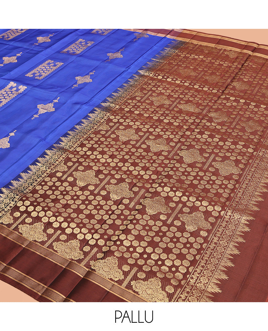 Blue Mayuri Lite Silk Mix Saree, Beautifully Bedecked with Zari Buttas All Over Its Body, Complemented by a Contrast Rettai Pettu Border, Pallu of Intricate Designs, and Paired with a Contrast Blouse