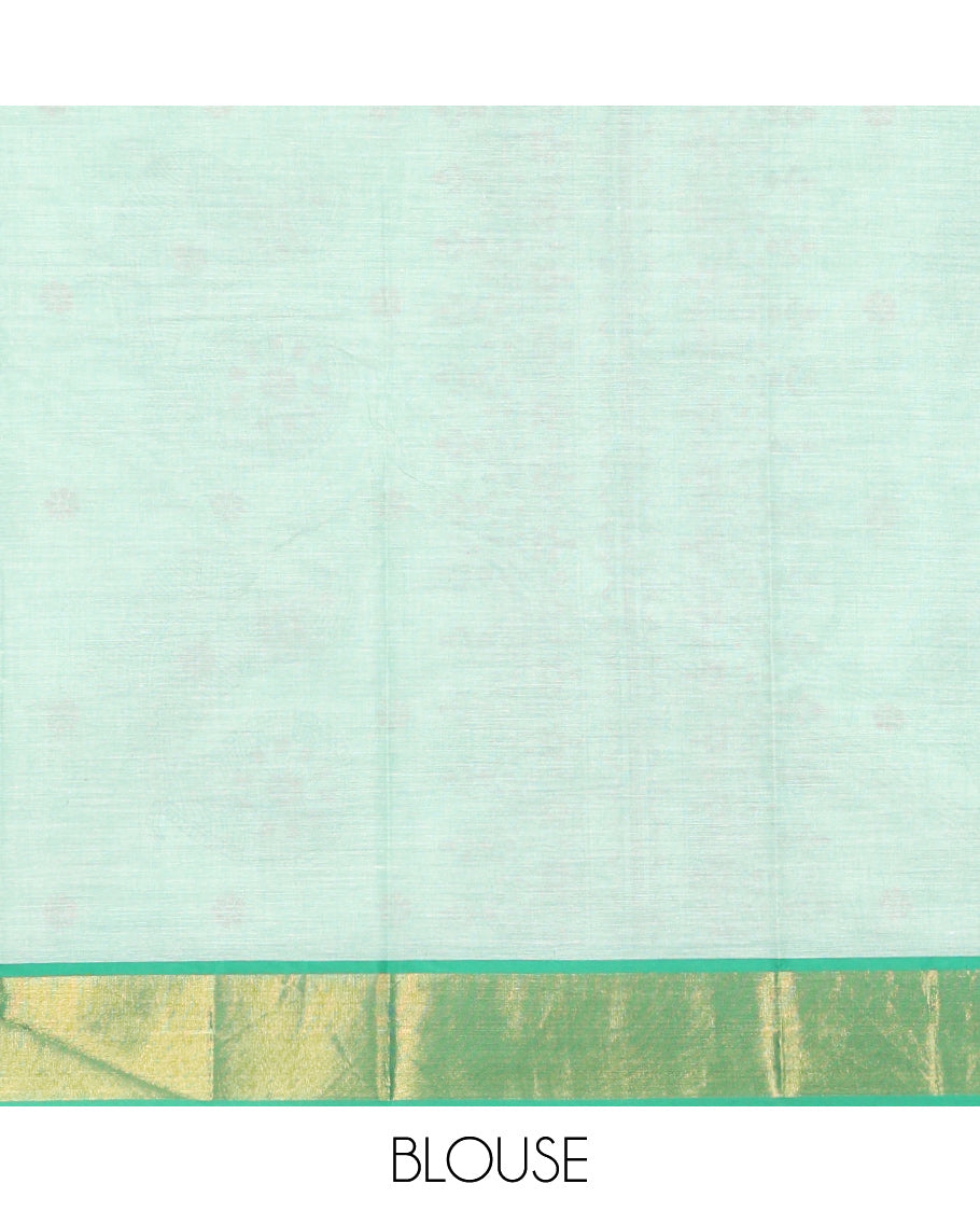 Green Andhra Cotton Saree, Detailed with Bird Motifs Print, a Contrast Zari Border, a Pallu of Bird-Print, and a Matching Blouse