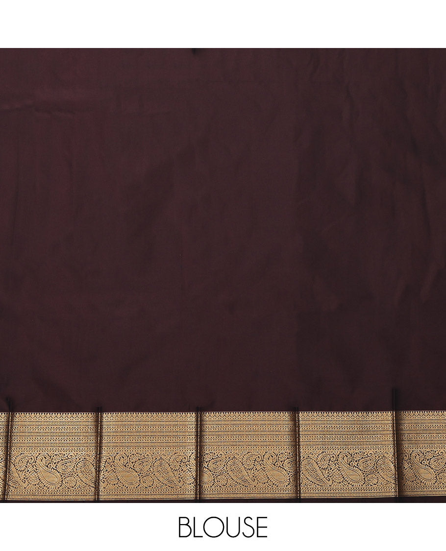 Brown Budget Silk Saree, Ornamented with Zari Buttas, Highlighted by a Traditional Zari Border, Geometric Pallu, and a Matching Blouse
