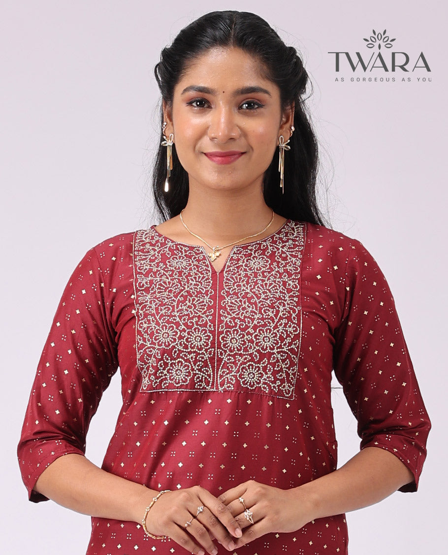 Twara red floral embroidered round neck 3/4 th sleeve , knee lenght straight cut kurti