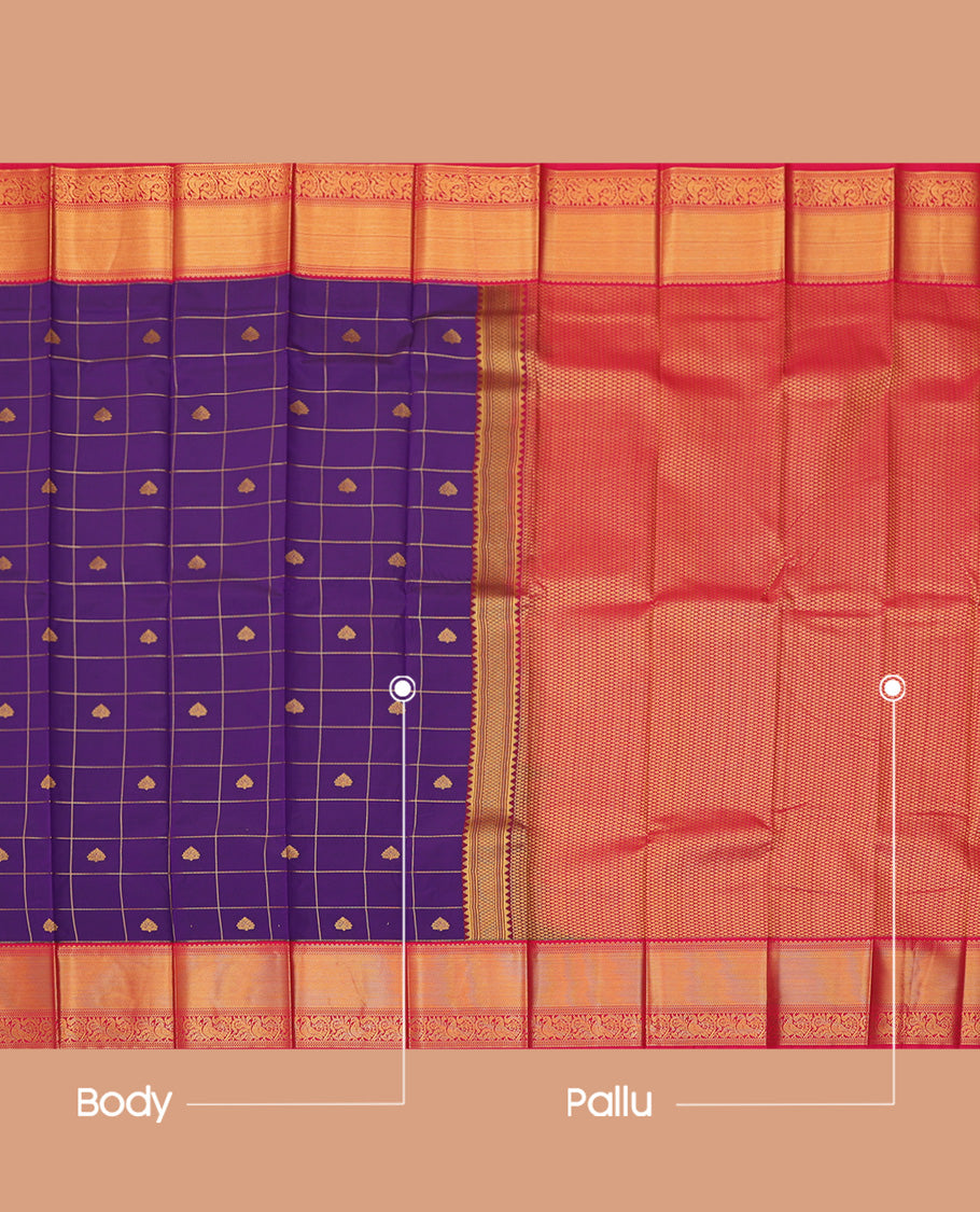 Violet Budget Silk Saree, Beautified with Zari Butta Enclosed Checks, a Contrast Traditional Zari Border, Grand Pallu, and a Contrast Blouse