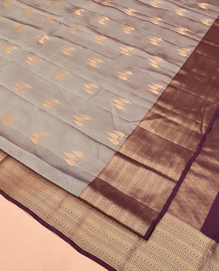 Grey Vasundhara Lite Silk Mix Saree, Featuring Zari Buttas All Over Its Body, Complemented by Contrast Border of Manga, Kathir, and Vanki Designs, Chevron Design Pallu, and Paired with a Contrast Blouse