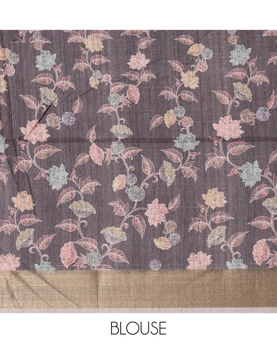 Grey hand-brush-dye theme printed semi-tusser silksaree,bavanji zari border,Madhubani printed pallu & floral print blouse