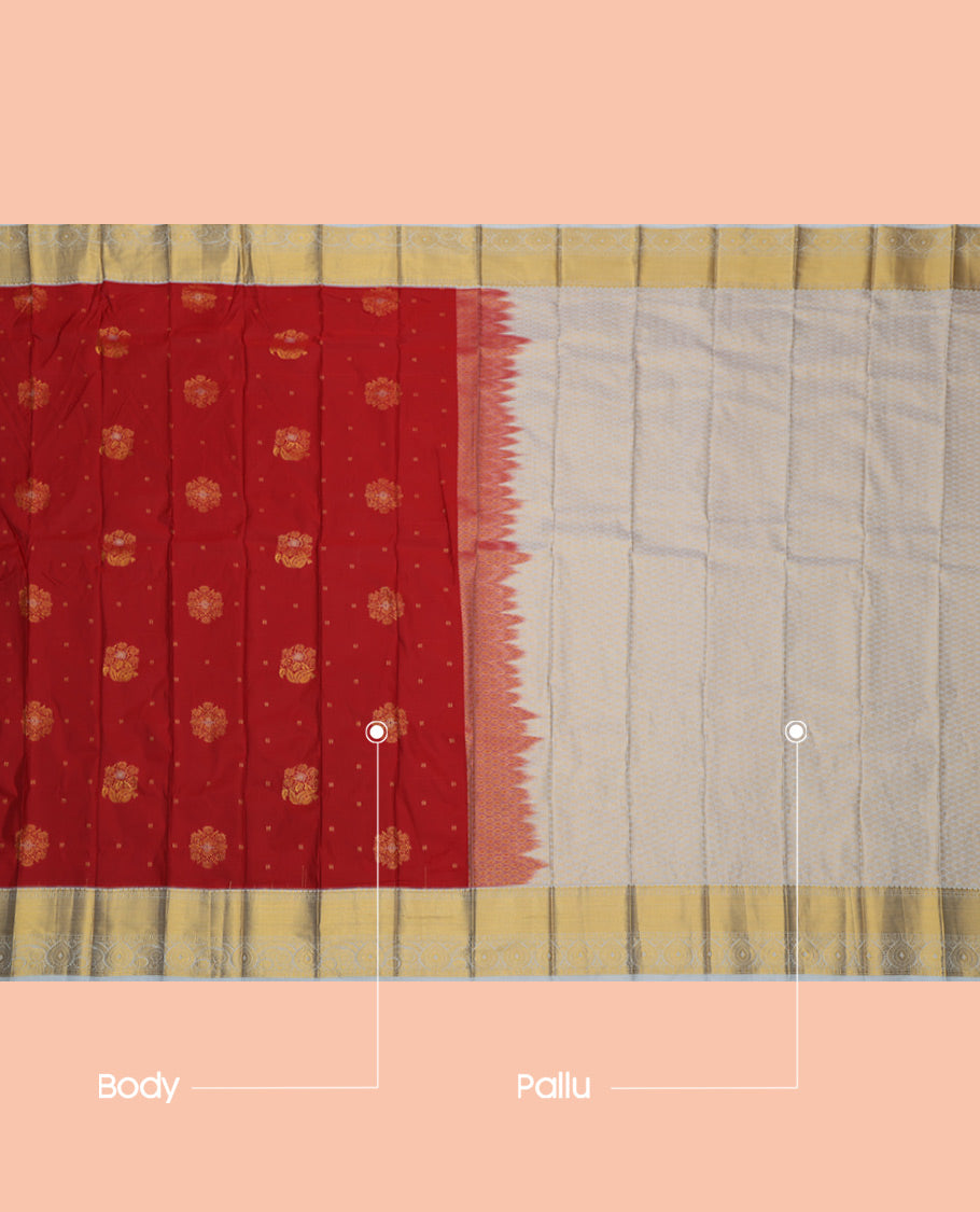 Red Budget Silk Saree, Delicately Woven with Zari Buttas, a Contrast Traditional Zari Border, Grand Pallu, and a Contrast Blouse