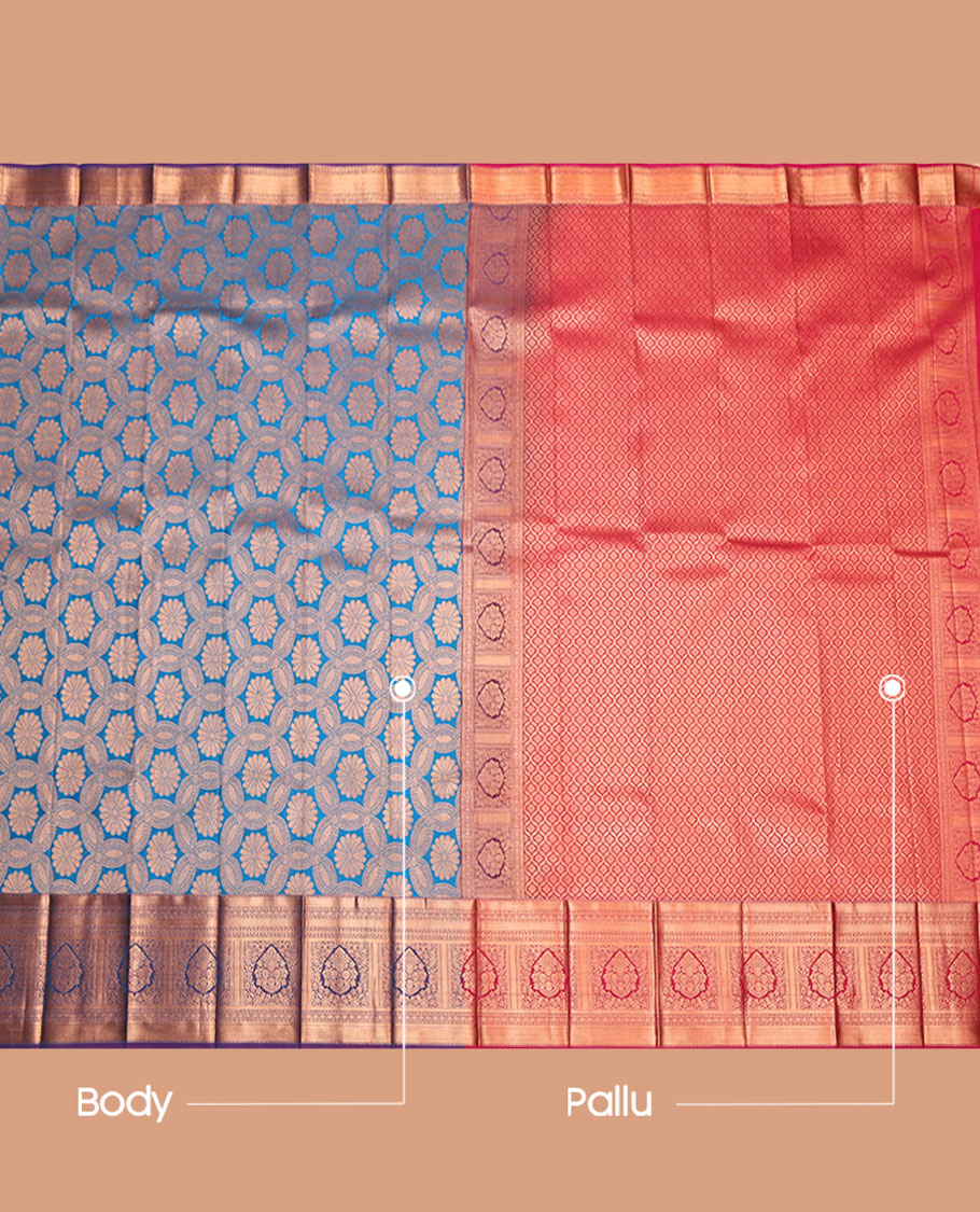 Blue Budget Silk Saree, Accentuated with Jacquard Design, Complemented by a Contrast Floral Creeper Zari Border, Jaal Pallu, and Contrast Blouse