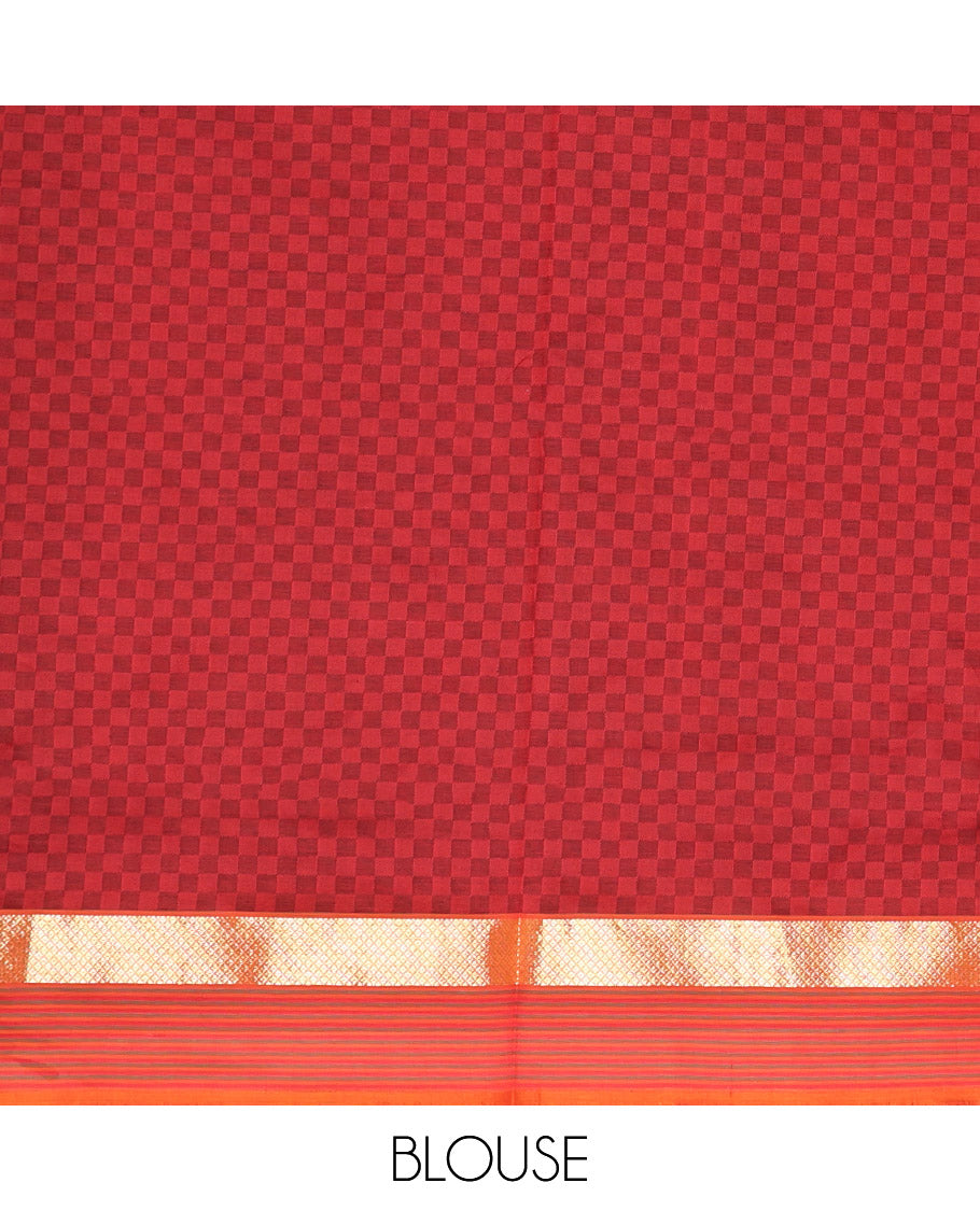 Grey Checked Poly Cotton Saree, Complemented by a Contrast Zari Border, Contrast Striped Pallu, and Paired with a Contrast Blouse